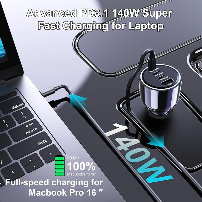 URVNS 240W USB C Car Charger, Super Fast Charging 4-Ports PD3.1 140W/PD3.0 100W PPS 45W QC65W Type-C Car Adapter for MacBook Pro Laptop iPhone 16 15 Max iPad Samsung Galaxy S24/23 Pixel etc