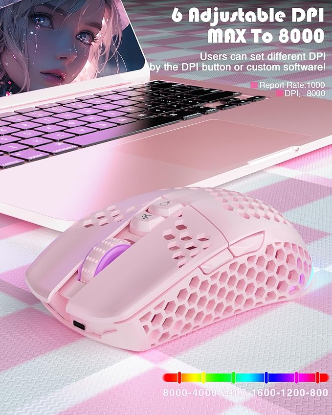 SM600 Pink Wireless Gaming Mouse with Honeycomb Shell, Side Buttons,Tri-Modes(BT5.1+BT5.1+2.4GHz) Lightweight RGB Wireless Mouse for PC/Tablet/Desktop/Office/Games