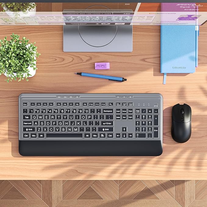 Silent Wireless Keyboard and Mouse Combo - Keyboard with Large Print Cover, 2.4GHz Full-Sized Ergonomic Keyboard with Wrist Rest and Mouse for Laptop, PC, Notebook, Desktop