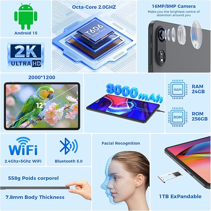 Tablet 12 inch Android 15 Tablets, 24GB（8+16）RAM+256 Storage(Expand to 1TB), Android Tablet with Keyboard, Octa-Core, 2K 2000x1200 Display, 16MP Dual Camera, 8000mAh, 5G WiFi,GPS,Bluetooth 5.0（Silver）