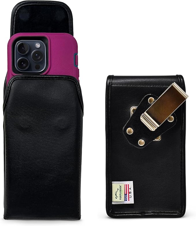 Turtleback Belt Clip for iPhone 16 Pro Max, 15 Pro Max, 14 Pro Max -Large- Fits w/Defender Bulky Style Cases, Premium Black Leather, Vertical Belt Holder, Magnetic Closure HD Rotating Belt Clip