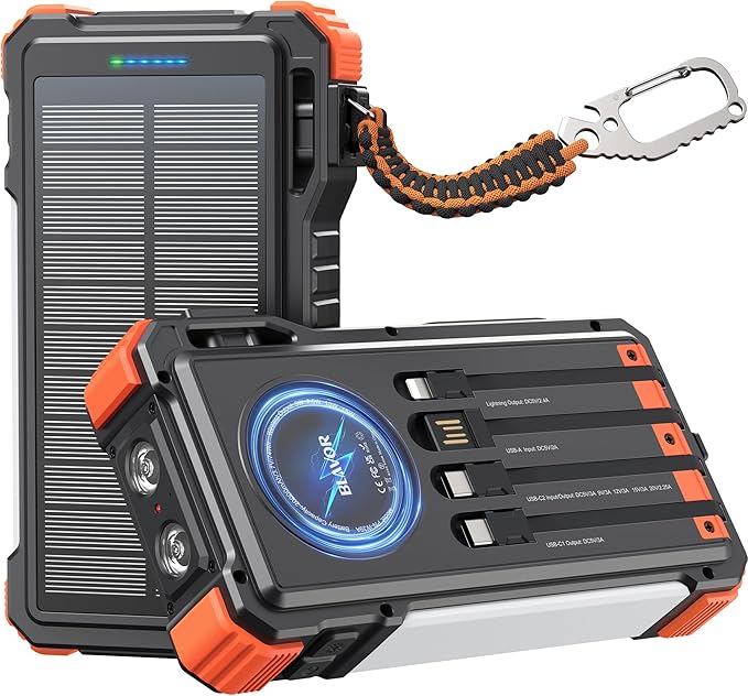 BLAVOR 45W Power Bank Solar Charger Built in Cables, 20000mAh Wireless Portable Charger with USB C, PD QC Fast Charging Waterproof Battery Pack for Cell Phone, Camping Light & Compass for Outdoor Use