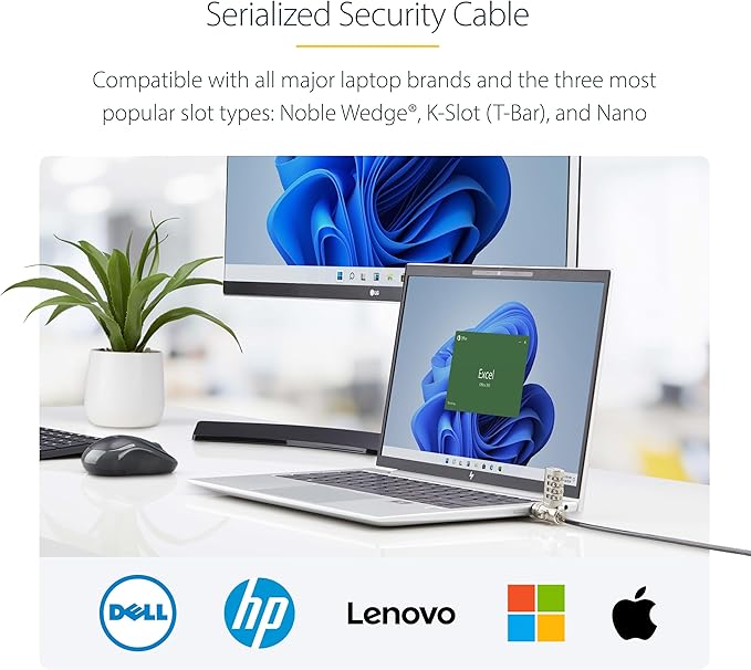 StarTech.com 25-Pack Universal Laptop Lock 6.6ft (2m), Serialized Security Cable, Compatible with Noble Wedge/Nano/K-Slot, TAA