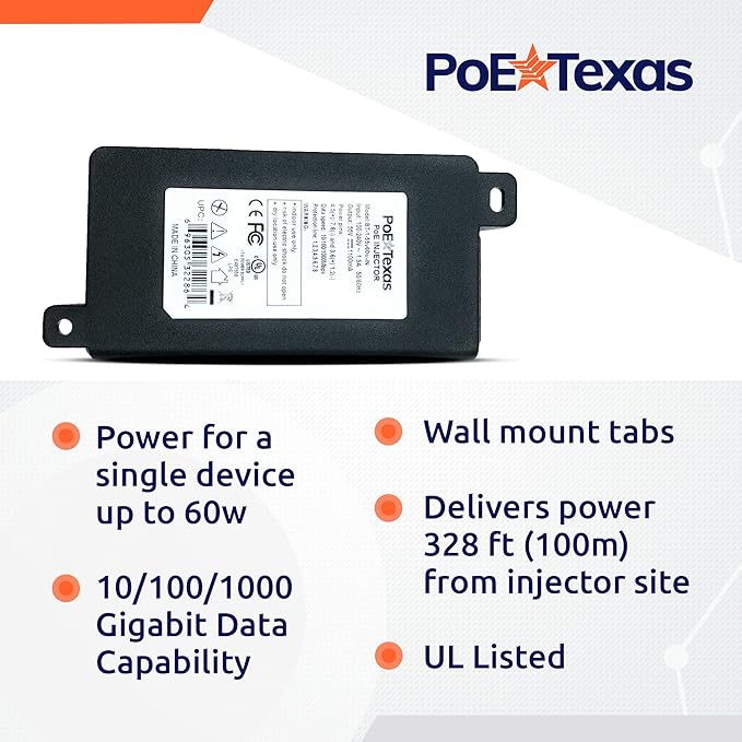 Poe Texas 60 watt PoE Injector - 802.3bt PoE++ Single Port 4-Pair Power Over Ethernet Injector - Active PoE Adapter with 55V 60W Output - 10/100/1000 Gigabit Data - Mode A/B Wall Mount Plug & Play