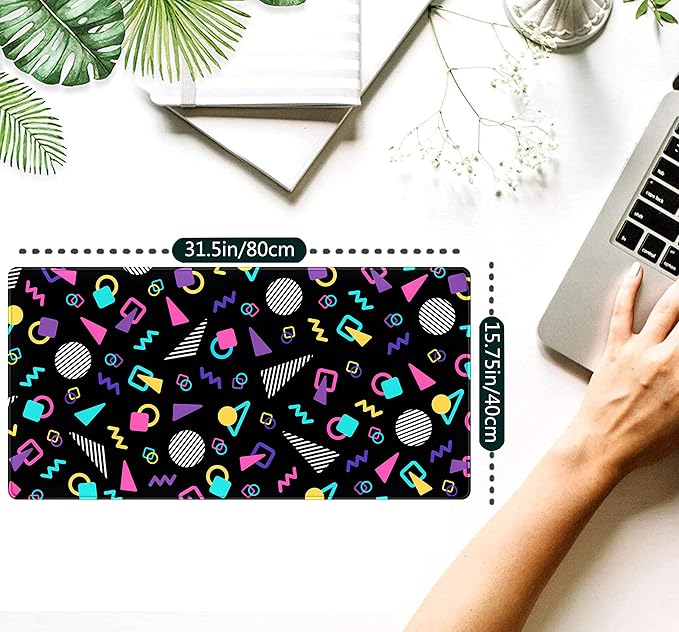 Retro 80s Desk Mat, Cute 90s XXL Large Gaming Mouse Pad, Black Boho Desk Pad with Stitched Edges, Computer Laptop Keyboard and Mouse Mat, Aesthetic Office Decor Non-Slip Mosuepad, 31.5x15.75 in