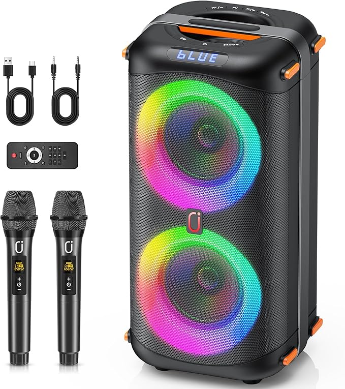 Karaoke Machine with 2 Wireless Microphones, Portable Bluetooth 5.3 Karaoke Speaker for Home Party Outdoors, PA System for Adults with Echo Adjustment/LED Lights, Support TV/USB/AUX/TF