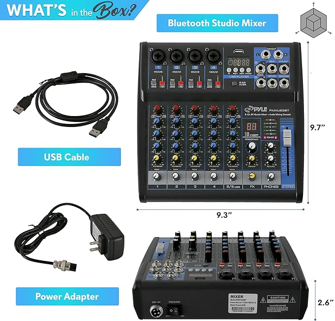 Pyle 6-Channel Professional Audio Mixer - USB - Bluetooth - 48V Phantom Power - Digital MP3 Input - FX 16-Bit DSP - Desk System Interface - PMXU63BT