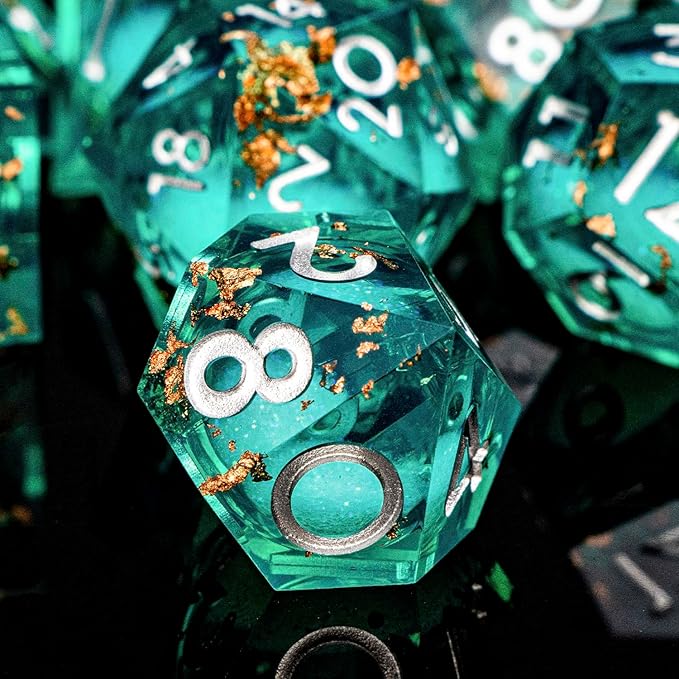 DND Dice Green Liquid Core Dice Set with Metal Box, Handmade Sharp Edge D and D Polyhedral Dice for use with RPG D&D Role Playing Game