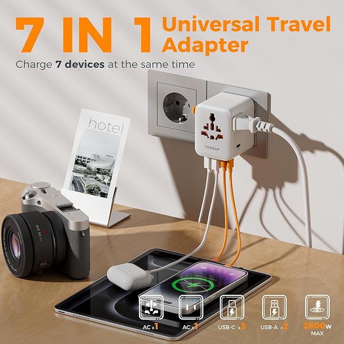 TESSAN Universal Travel Adapter, International Power Adapter with Extra 2 Prong AC Outlet, 5 USB Ports (3 USB C), 28W Worldwide Plug Adaptor for US to Europe UK Australia Ireland (Type C G A I)