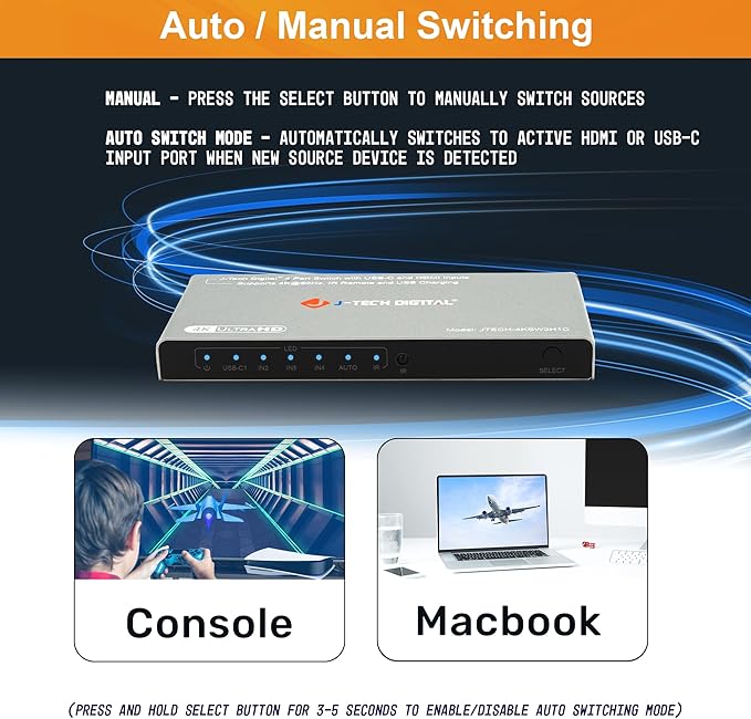 J-Tech Digital 4K 60Hz 4x1 HDMI & USB-C Switch | 3 HDMI + 1 USB-C Input, 1 HDMI Output | Compatible w/HDR & Dolby Vision | IR Remote, Auto Switch, CEC, Digital Audio [JTECH-4KSW3H1C]