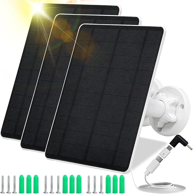 Solar Panel for Security Camera,5W USB Solar Panel for Cameras DC 5V,Camera Solar Panel Charger Micro USB & USB-C & DC,IP65 Waterproof USB Solar Panel Charger for Camera with 360°Adjustable Mounting