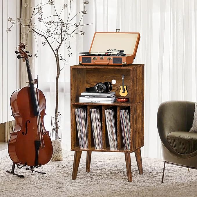Lerliuo Record Player Stand, Brown Turntable Stand Holds up to 160 Albums, Mid-Century Vinyl Storage Cabinet Table with Solid Wood Legs, Record Player Holder Dispaly Shelf for Bedroom Living Room