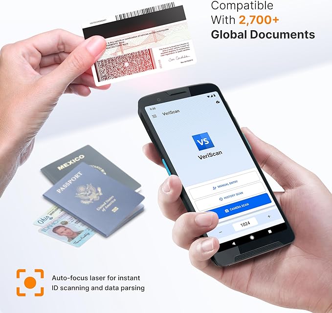 Unitech EA660 ID Passport Scanner – Touchless Handheld Scanning Solution with VeriScan Basic Software for Age Verification & Visitor Management. Free Charge Dock, Case, Screen Protector & Hand Strap.