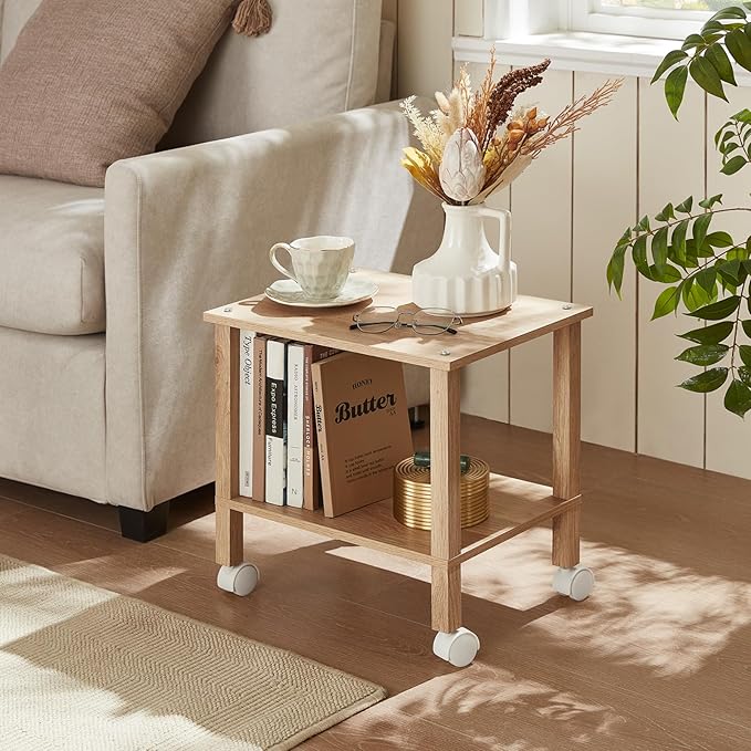 2 Tier Printer Stand with Storage,Under Desk Shelf Printer Table,Small Printer Stand with Wheels,Rolling Printer Cart for Office,Home,Wood Color