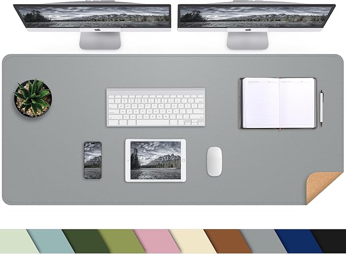 Leather Desk Protector, 47in*23.7in Large Mat with Natural Cork & PU Leather, Mouse Pad, Non-Slip Office Mat, Waterproof Writing Pad for Office and Home (Light Grey)