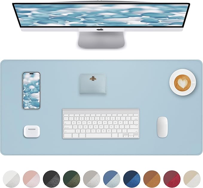 Leather Desk Pad Protector,Desk Mat,Large Mouse Pad, Non-Slip Desk Pad, Waterproof PU Leather Desk Blotter Mat, Desk Cover for Office and Home (Light Blue, 36" x 17")
