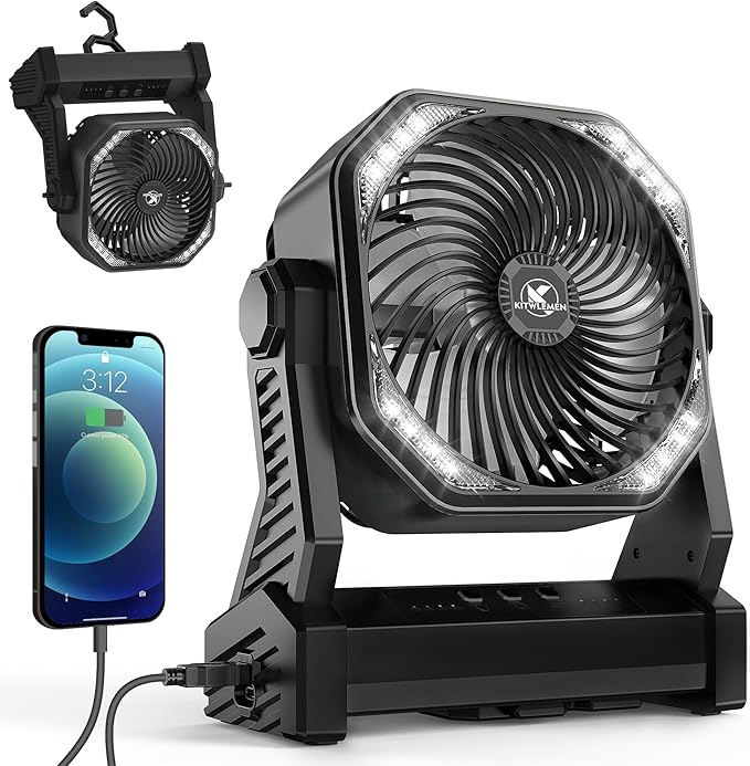 KITWLEMEN 20000mAh Battery Powered Camping Fan - 58H Max Cooling, Rechargeable Battery Operated Desk Fan with 4 Speeds, Bright Light & Hanging Hook, Portable for Tent Outdoor Hurricane Power Outage