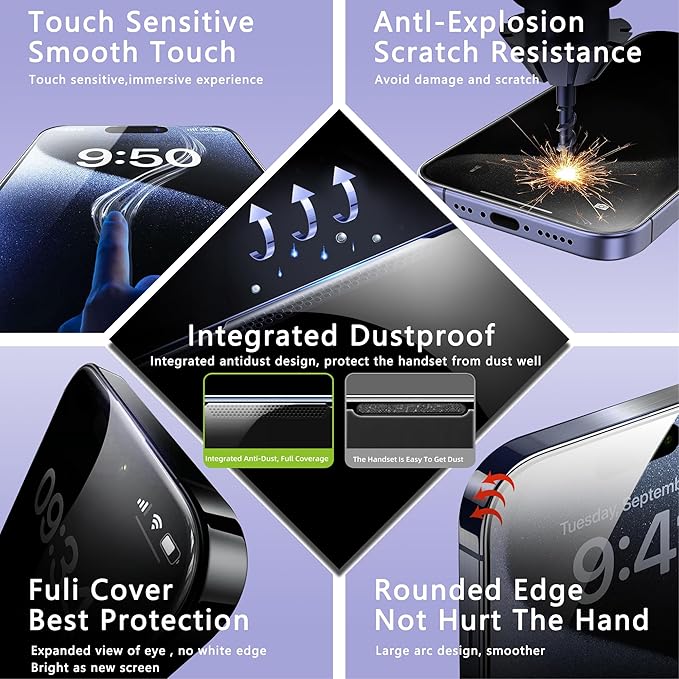 2 Pack Anti Blue Light Matte Screen Protector for iPhone 16 and iPhone 15 and iPhone 14 Pro 6.1-Inch Auto Dust Removal, No Bubbles, Tempered Glass Film, Easy Installation