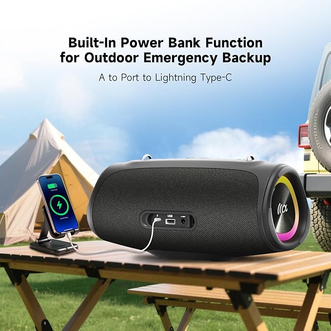 Portable Loud Bluetooth Speaker, 60W Large Subwoofer Wireless Bluetooth 5.3 with Powerbank USB Charge Out,Waterproof IPX7,Rugged Outdoor Boombox for Party,Beach,Golf Life,Pool, Shower,Bike Use