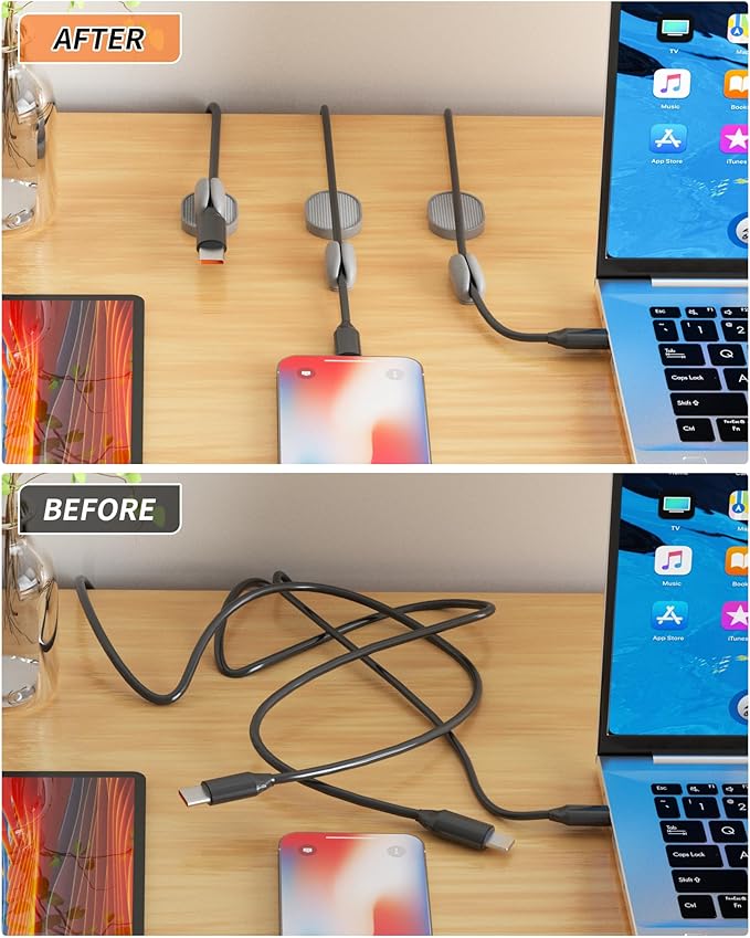 6 Pack Magnetic Cable Clips, Adjustable Cord Holder for Under Desk Cable Management, Adhesive Charger Wire Organizer Keeper for Home Office Desk Phone Car Wall Desktop Nightstand (Gray)