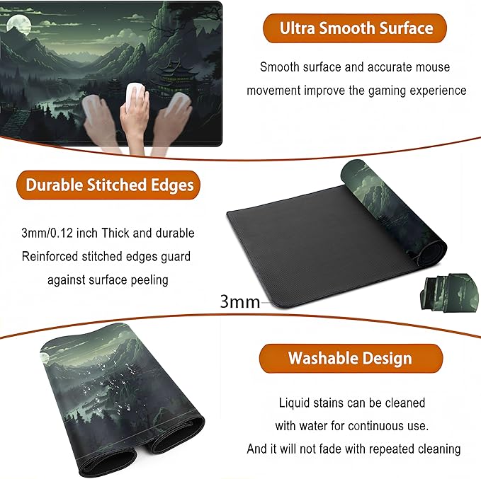 XXL Large Gaming Mouse Pad Anime Green Moon Mountains Desk Mat, Desk Decor Mousepad Computer Mat, Non-Slip Rubber Base Desk Pad, Laptop Keyboard and Mouse Mat with Stitched Edges, 31.5x15.75 in