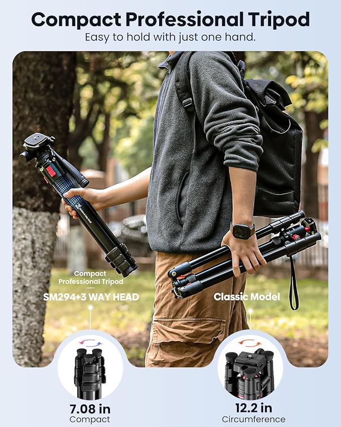 68" Lightweight Camera Tripod Stand, Compact Portable Travel Aluminum Tripod for DSLR/SLR, Compatible with Canon/Nikon/Phone (Supports 8.8 lbs, Weighs 2.46 lbs) Black