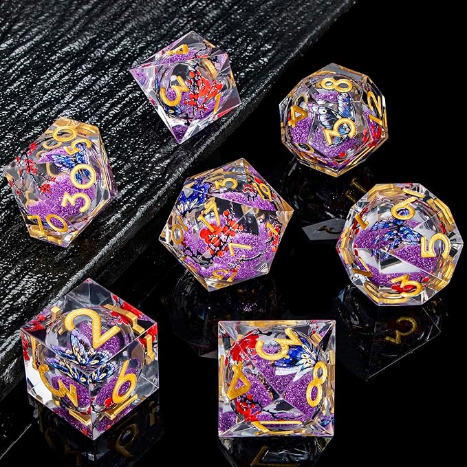 Butterfly DND Dice Purple Liquid Core Dice Set with Metal Box, Handmade Sharp Edge D and D Polyhedral Dice for use with D&D Role Playing Game, D20 D12 D10 D8 D6