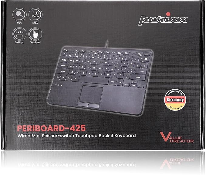 Perixx PERIBOARD-425 US Wired Mini USB Keyboard with Touchpad, X Type Scissor Keys, White Backlit, 2 USB Hubs, Compact 11.18x7.17x1.1 Inches, US English