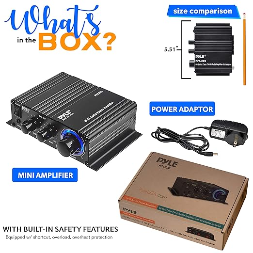 Pyle Home Mini Audio Amplifier - 60W Portable Dual Channel Surround Sound HiFi Stereo Receiver w/ 12V AC Adapter, AUX, MIC IN, Supports Smart Phone, iPhone, iPod, MP3 For 2-8ohm Speakers - Pyle PFA200
