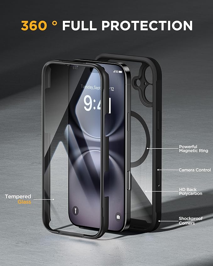 Miracase for iPhone 16 Case 6.1'', Full-Body Bumper Phone case with Built-in Full Glass Screen &Camera Control,No Gap,Compatible with MagSafe,Drop Proof 16 Cover,Black