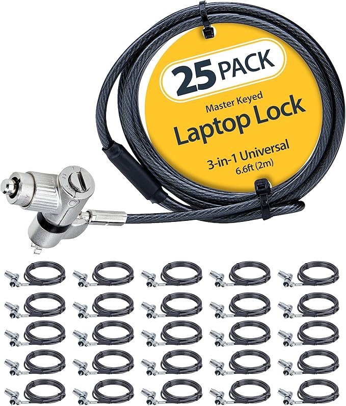StarTech.com 25-Pack Universal Laptop Lock 6.6ft (2m), Master Keyed Security Cable, Compatible with Noble Wedge/Nano/K-Slot; TAA