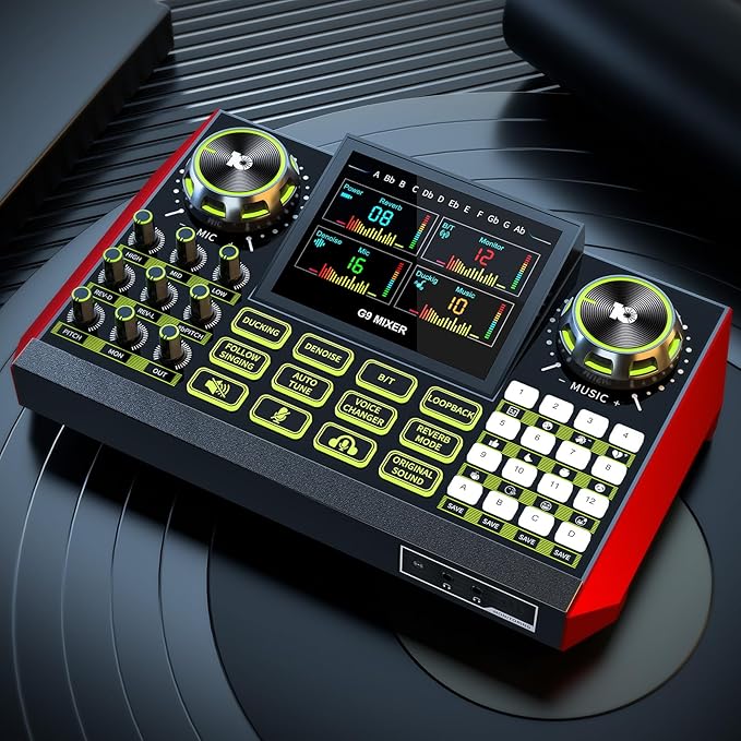 Audio Mixer, Sound Board for Pc/Phone Live Streaming Singing Gaming, Sound Mixer for 3.5/6.35mm Dynamic Microphone, Live Sound Card with DJ Mixer Effects & Voice Changer, Denoise, One Click Mute