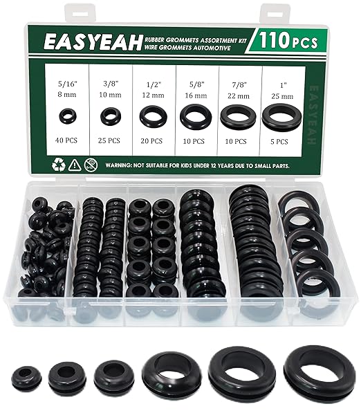 110 Pcs Rubber Grommets for Wiring - Rubber Grommet Assortment Kit 6 Sizes 5/16 3/8 1/2 5/8 7/8 1 Inch, Cable Hole Plug Firewall Automotive Wire Grommets Set for Sheet Metal, Hardware Repair