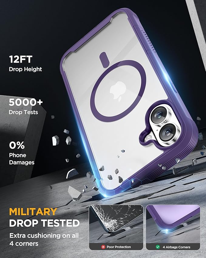 Miracase for iPhone 16 Case 6.1'', [Bubble Free] Full-Body Bumper Phone case with Built-in Full Glass Screen &Lens Protector,No Gap,Compatible with MagSafe,Drop Proof 16 Cover,Purple