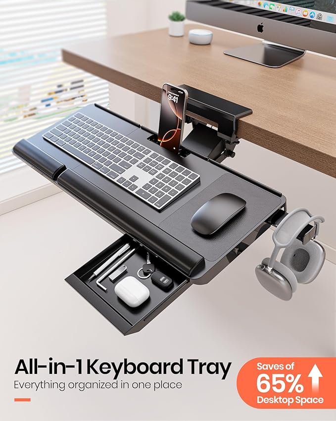 Klearlook Upgraded Ergonomic Keyboard Tray Under Desk, Adjustable Sliding Keyboard Platform Holder, Keyboard Stand with Wrist Rest & Storage Drawer for Home, Office and Gaming, 24.4"x10"