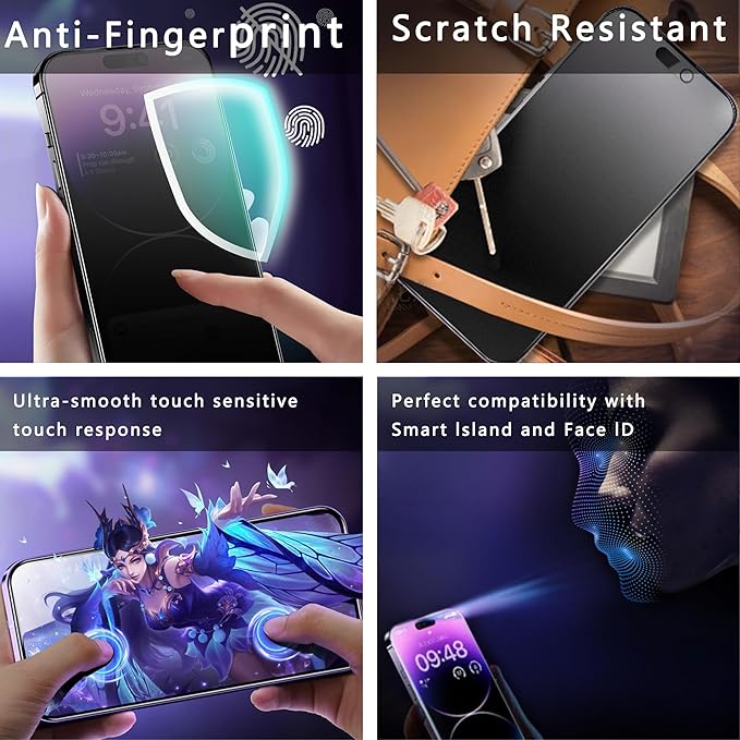 2 Pack Matte Privacy Screen Protector for iPhone 16 Pro, 9H Tempered Glass, Full Coverage, Anti-Fingerprint, Auto Dust-Elimination, No Bubble, Easy Installation