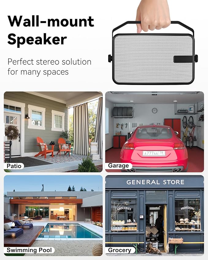 400W Outdoor Bluetooth Speakers, Wireless Sync Between Speakers, IPX5 Waterproof, Powerful Bass, Wall Mount for Patio, Porch, Gazebo, Garage, 2-Pack, White(MZ-621)