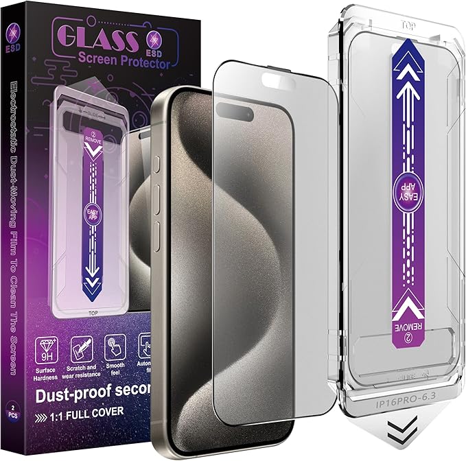 2 Pack Matte Screen Protector for iPhone 16 Pro, 9H Tempered Glass, Full Coverage, Anti-Fingerprint, Auto Dust-Elimination, No Bubble, Easy Installation