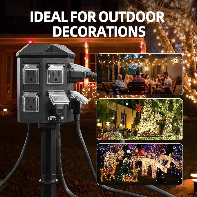 TiFFCOFiO Outdoor Power Strip Timer, Dusk to Dawn Light Sensor Countdown, 6 Feet Extension Cord Waterproof, 6 Grounded Outlets for Halloween and Christmas Decorations, ETL Listed (6 FT)