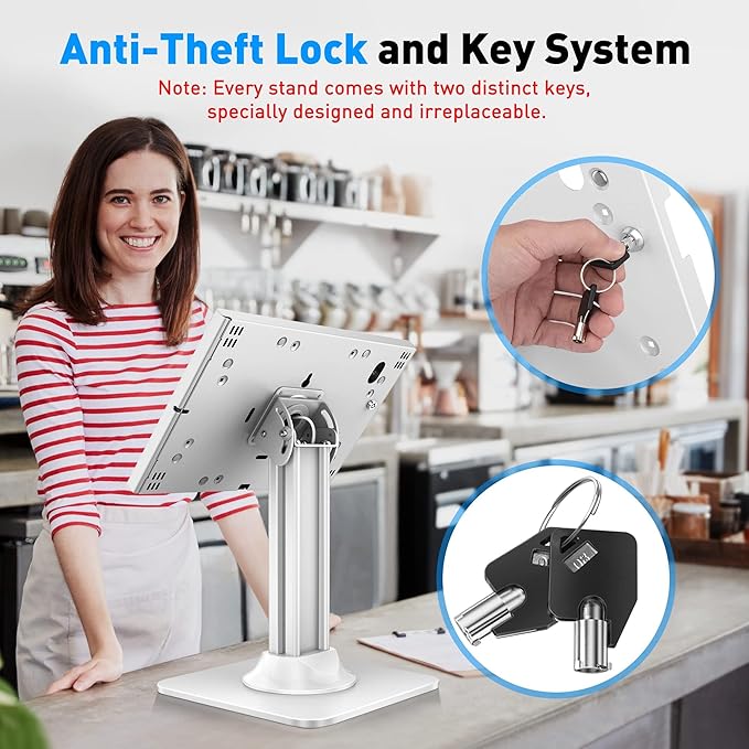AboveTEK Anti-Theft iPad Kiosk Stand – POS iPad Security Stand & Locking Tablet Stand – Heavy Duty Base, 360° Swivel, 75° Tilt Bracket – Retail Business for iPad/iPad Air/iPad Pro (White)