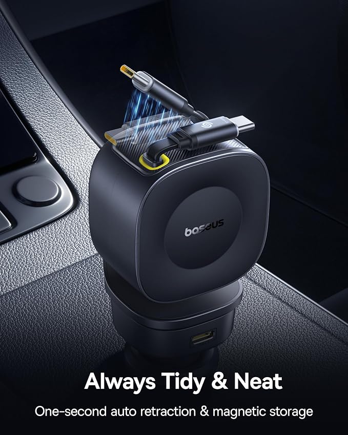 Baseus 163W Retractable Car Charger USB C Fast Charging, PrimeTrip VR2 Max 4 in 1 Fast Car Charger with Dual Retractable USB C Cable for iPhone 16 15 14 Pro Max, Samsung Galaxy S25 Ultra, Android