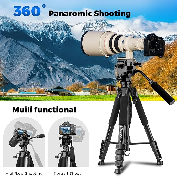 Camera Tripod, 75” Heavy Duty Tripod for Camera with Phone Holder and Travel Bag, Compatible with Video Camera, DSLR, Spotting Scopes, Camcorder, GoPro, Cell Phone, Max Load 16LB (Black)