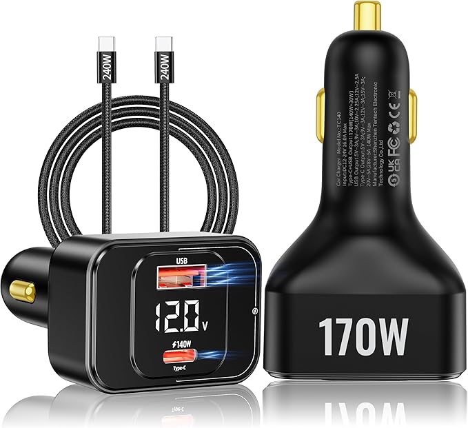 170W PD3.1 Car Charger with LED Voltage Display, USB-C Cigarette Lighter Adapter Fast Charging (140W+30W) for iPhone 16 Pro Max/Samsung S25 Ultra/MacBook/Drones/Laptops, 12V-24V Vehicle