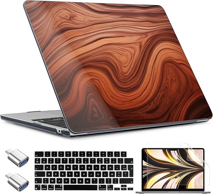 TWOLSKOO Compatible with M4 MacBook Air 13.6 inch Case 2025-2022 Release M4 A3240 M3 A3113 M2 A2681, Plastic Hard Shell & Keyboard Cover & Type C Adapter & Screen Protector, Wood Grain