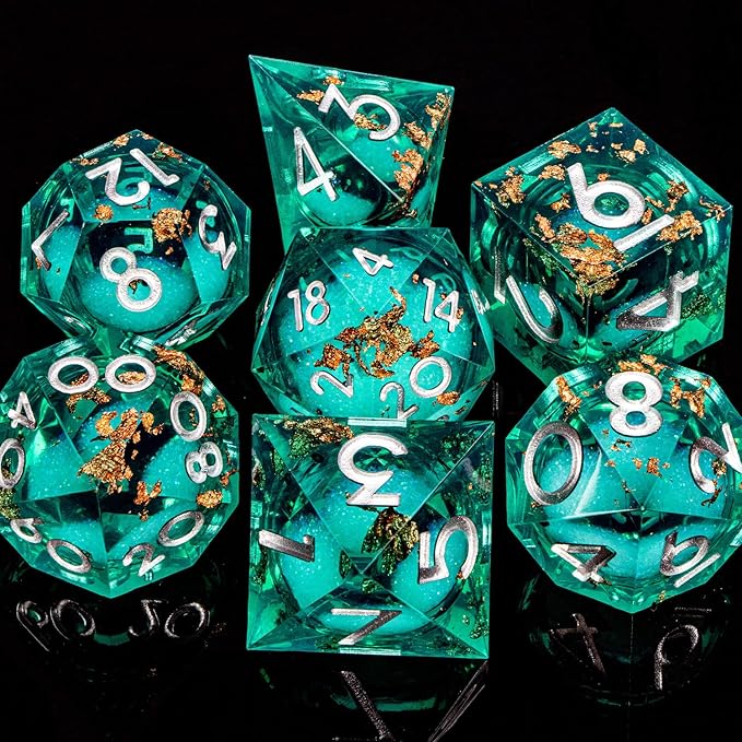 DND Dice Green Liquid Core Dice Set with Metal Box, Handmade Sharp Edge D and D Polyhedral Dice for use with RPG D&D Role Playing Game