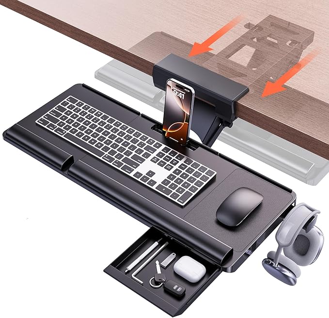 Klearlook Upgraded Ergonomic Keyboard Tray Under Desk, Adjustable Sliding Keyboard Platform Holder, Keyboard Stand with Wrist Rest & Storage Drawer for Home, Office and Gaming, 24.4"x10"
