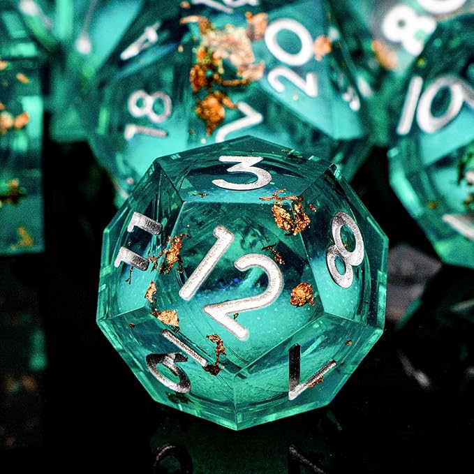 DND Dice Green Liquid Core Dice Set with Metal Box, Handmade Sharp Edge D and D Polyhedral Dice for use with RPG D&D Role Playing Game