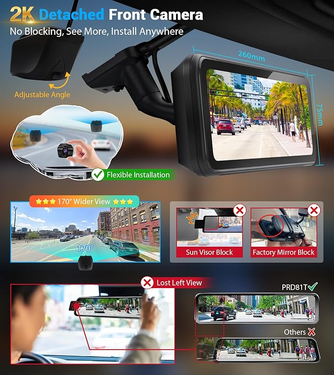 PORMIDO OEM Rear View Mirror Camera with Auto-Brightness, 11" Mirror Dash Cam with 2K Ultra-Bright Touchscreen, Detached Front Backup Rearview Zoom Built-in GPS Night Vision 64GB Card Parking Monitor