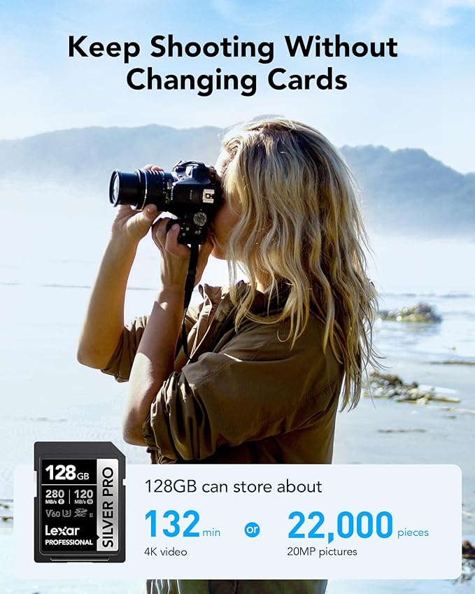 Lexar 128GB (2-PK) Professional SILVER PRO SD Card, UHS-II, C10, U3, V60, Full HD, 4K, Up To 280MB/s Read SDXC Memory Card, for Professional Photographer, Videographer, Enthusiast (LSDSIPR128G-B2NNU)
