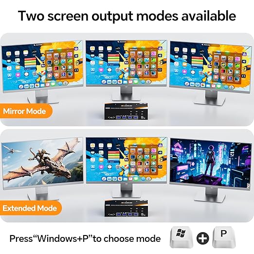 USB 3.0 KVM Switch 3 Monitors 3 Computers Displayport HDMI, Triple Monitor KVM Switch 8K@60Hz 4K@144Hz for 3 Computers Share Mouse Keyboard, Wired Remote and Power Adapter